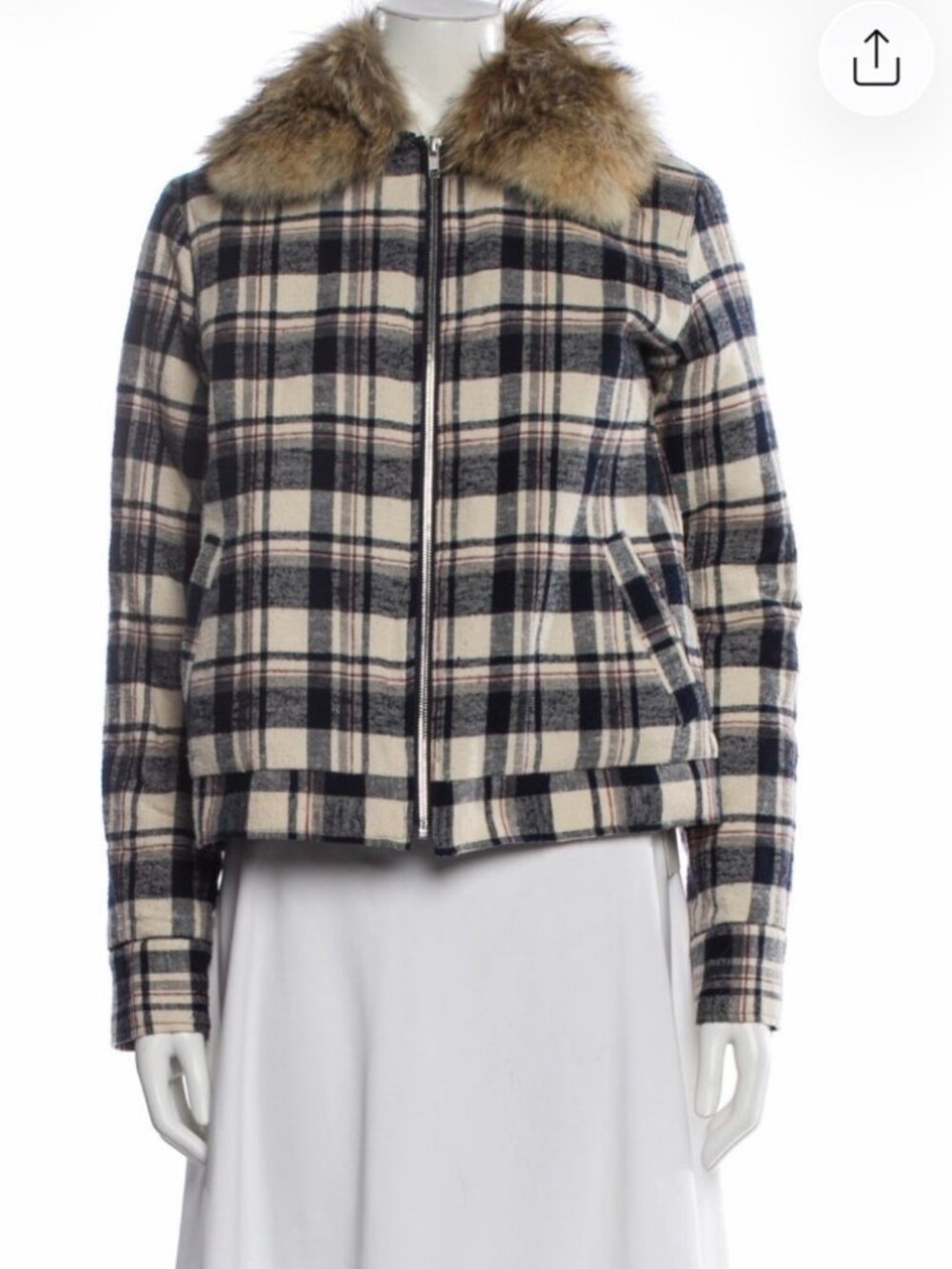 Jenni Kayne Flannel Checked Coyote Fur Collar Full Zip Jacket